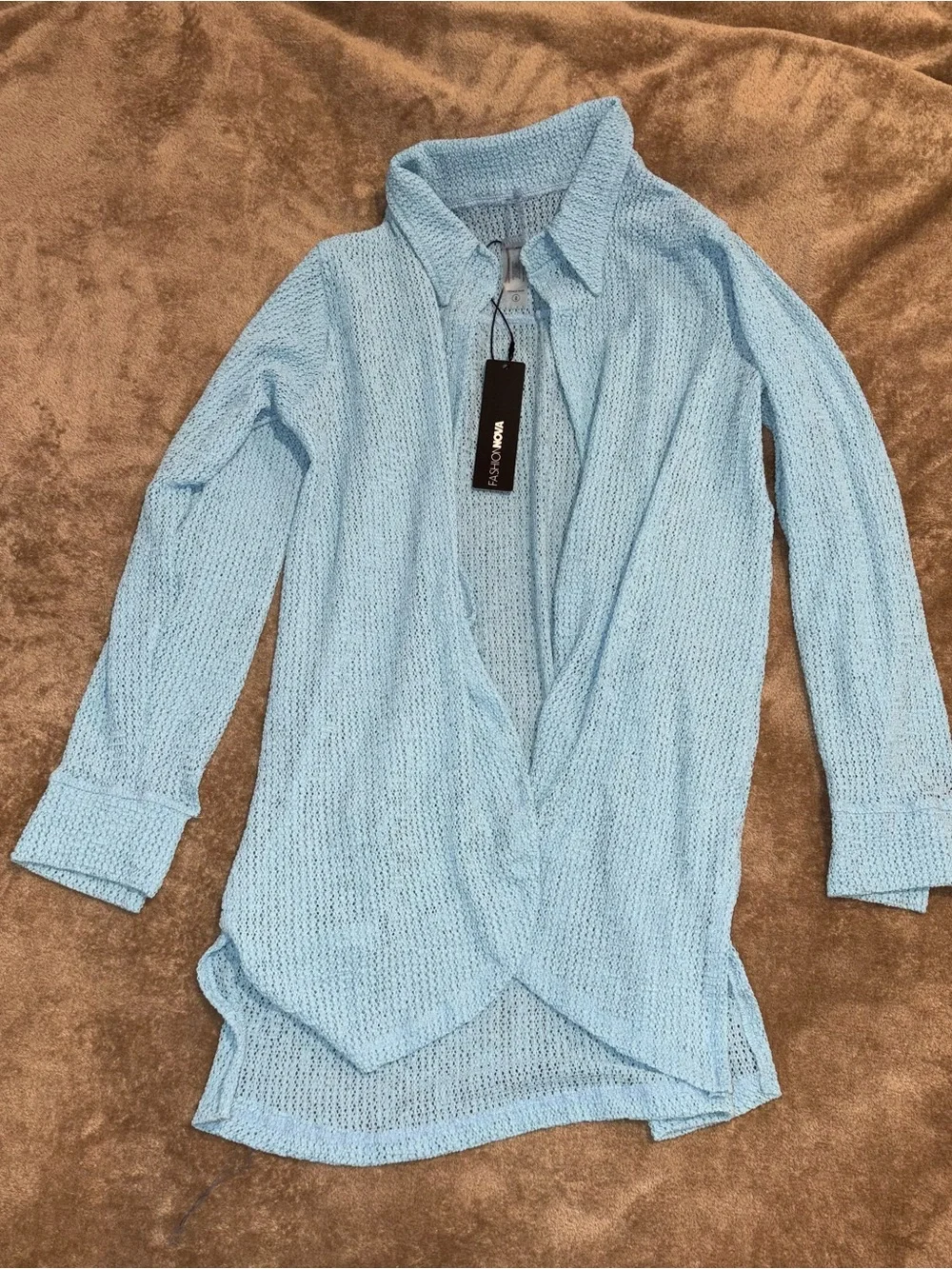 Fashion Nova Light Blue Open-Weave Collared Cardigan CoverUp